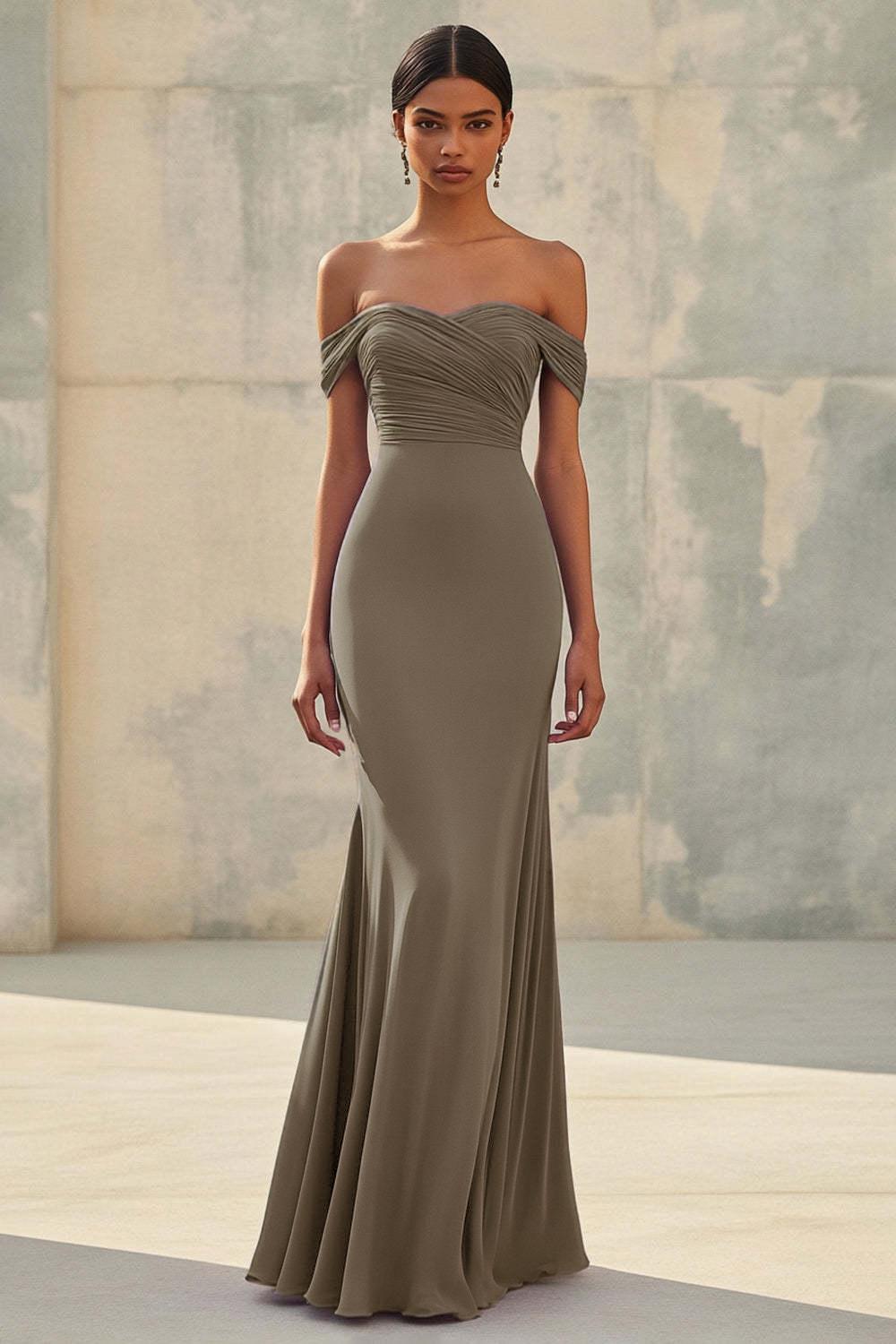 Dressystars Purple Wedding Guest Dress Chiffon Mermaid Off The Shoulder Long Formal Dress With Ruch