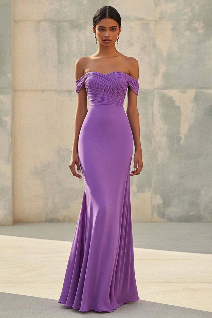 formal purple wedding guest dress Dressystars Chiffon Mermaid Off The Shoulder Long Dress With Ruch neckline and wrap Size:L/Fit Bust: 37.0''-39.0'', Fit Waist: 31.5''-33.5'' Beach Wedding Attire: Guest Web Collection: Garden Party