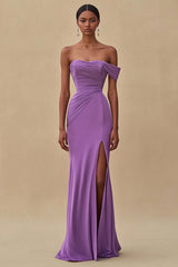 Dressystars Purple Wedding Guest Dress Mermaid Off The Shoulder Long Formal Dress With Slit