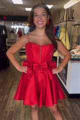 Dressystars Red A Line Homecoming Dresses Satin Short Corset Cocktail Dresses With Bows