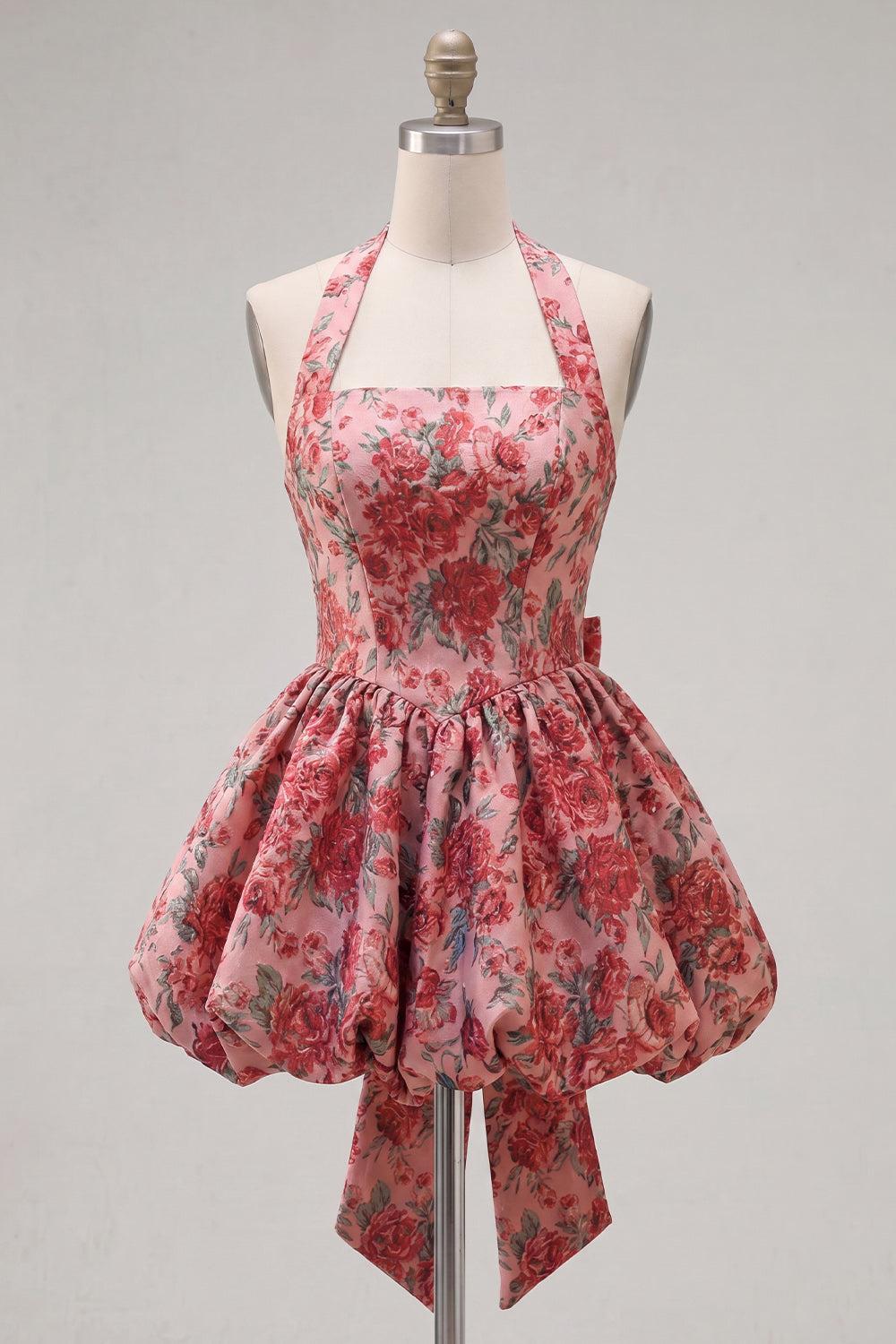 Dressystars Red Floral Jacquard Halter A-Line Short Homecoming Dress with Bow