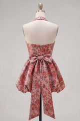 Dressystars Red Floral Jacquard Halter A-Line Short Homecoming Dress with Bow