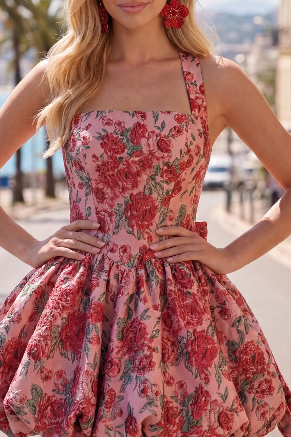 Dressystars Red Floral Jacquard Halter A-Line Short Homecoming Dress with Bow