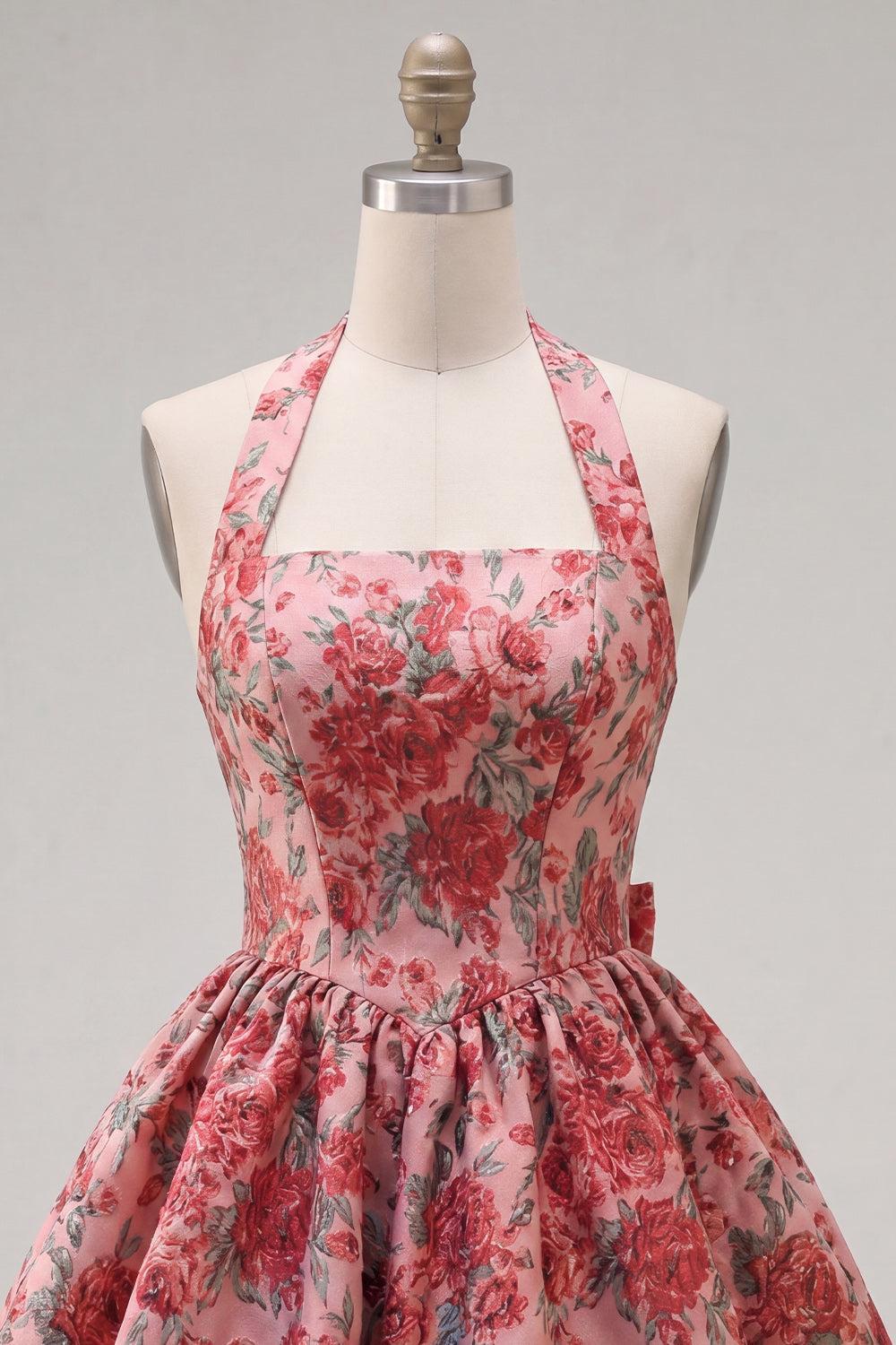 Dressystars Red Floral Jacquard Halter A-Line Short Homecoming Dress with Bow