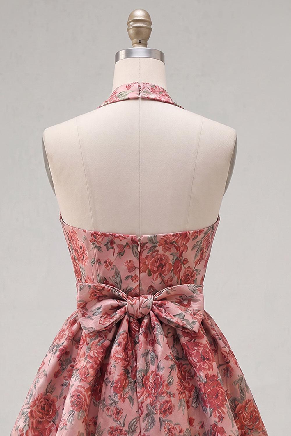 Dressystars Red Floral Jacquard Halter A-Line Short Homecoming Dress with Bow