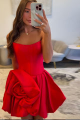 Dressystars Red Floral Strapless Satin A-Line Corset Short Homecoming Dress