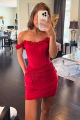Dressystars Red Floral Tight Homecoming Dresses Ruched Short Corset Cocktail Dresses