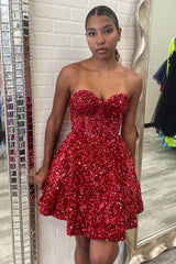 Dressystars Red Homecoming Dress A-Line Sweetheart Sequin Short Prom Dress with Pockets