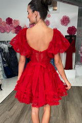 Dressystars Red Homecoming Dress Corset A-Line Short Prom Dress with Sleeves