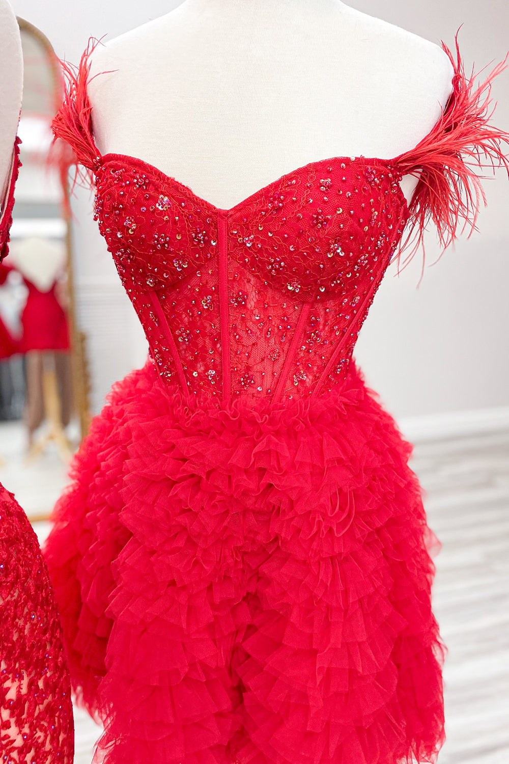 Dressystars Red Homecoming Dress Corset Off The Shoulder A Line Short Prom Dress with Feathers