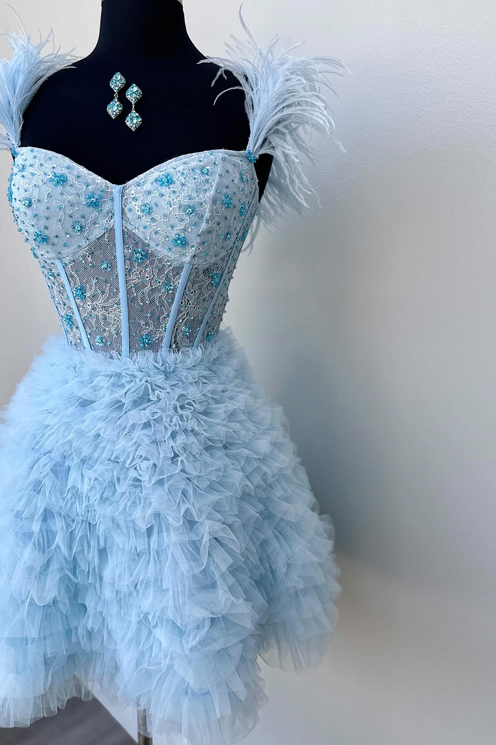 Dressystars Red Homecoming Dress Corset Off The Shoulder A Line Short Prom Dress with Feathers