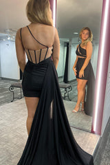 Dressystars Red Homecoming Dress Corset One Shoulder Tight Short Satin Prom Dress with Ruffle