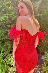 Dressystars Red Homecoming Dress Lace Corset Fringed Tight Short Prom Dress with Feathers