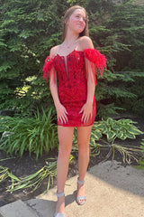 Dressystars Red Homecoming Dress Lace Corset Fringed Tight Short Prom Dress with Feathers