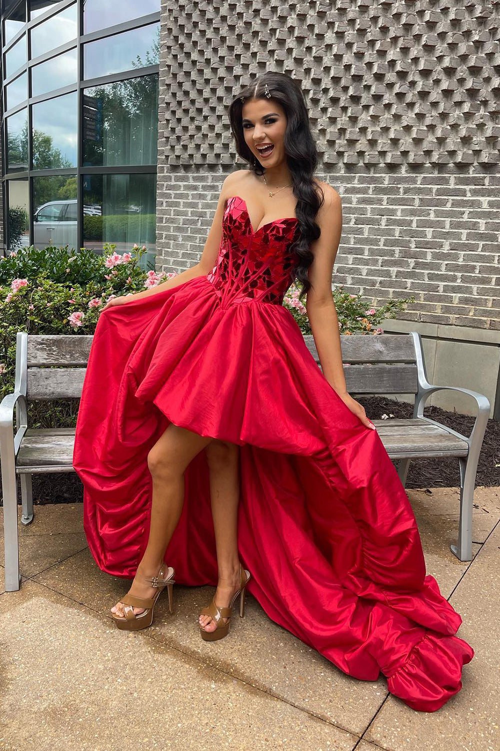Dressystars Red Homecoming Dress Mirror Strapless Corset High Low Prom Dress