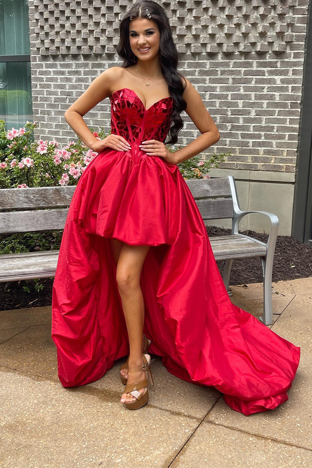Dressystars Red Homecoming Dress Mirror Strapless Corset High Low Prom Dress