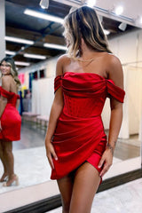 Dressystars Red Homecoming Dress Off the Shoulder Asymmetrical Tight Short Prom Dress