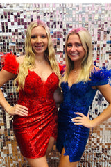 Dressystars Red Homecoming Dress Off the Shoulder Tight Short Prom Dress with Feathers