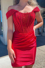 Dressystars Red Homecoming Dress Off the Shoulder Tight Short Prom Dress with Lace