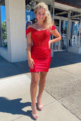 Dressystars Red Homecoming Dress Off the Shoulder Tight Short Prom Dress with Lace