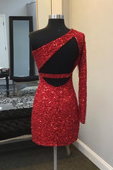 Dressystars Red Homecoming Dress One Shoulder Backless Sequin Fringed Tight Short Prom Dress