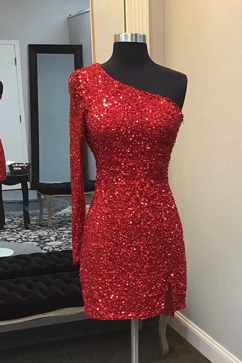 Dressystars Red Homecoming Dress One Shoulder Backless Sequin Fringed Tight Short Prom Dress