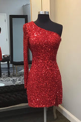 Dressystars Red Homecoming Dress One Shoulder Backless Sequin Fringed Tight Short Prom Dress