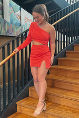 Dressystars Red Homecoming Dress One Shoulder Bodycon Short Prom Dress With Slit