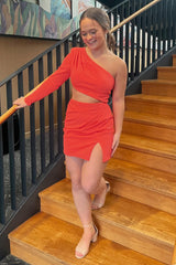 Dressystars Red Homecoming Dress One Shoulder Bodycon Short Prom Dress With Slit