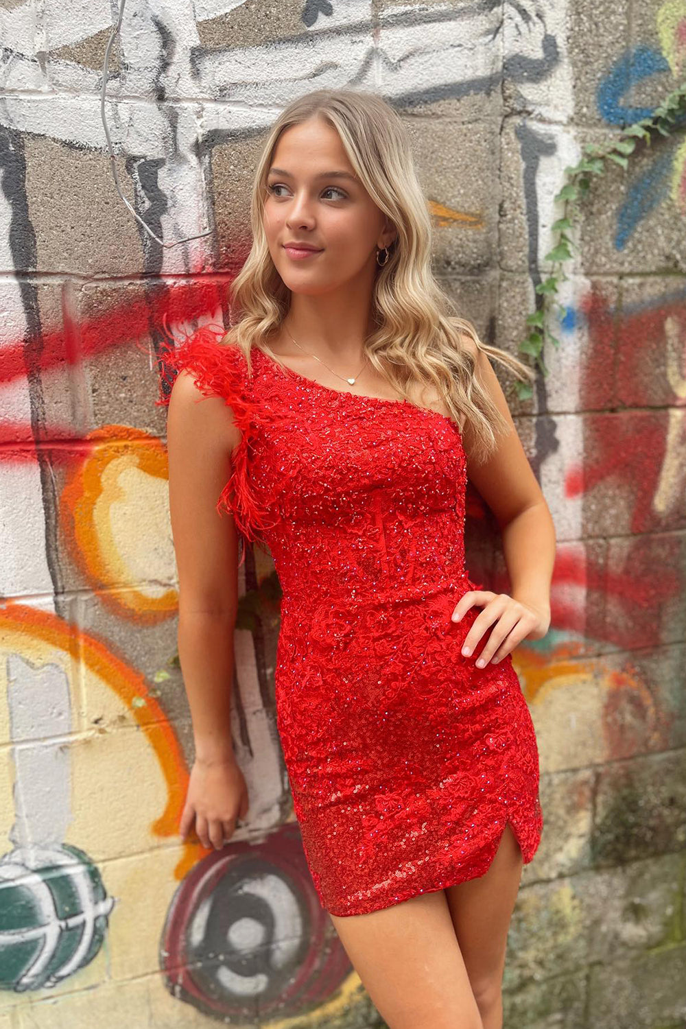 Dressystars Red Homecoming Dress One Shoulder Corset Tight Short Prom Dress With Feathers