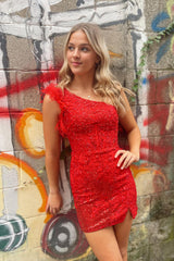 Dressystars Red Homecoming Dress One Shoulder Corset Tight Short Prom Dress With Feathers