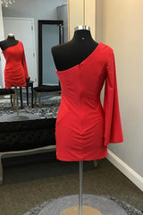 Dressystars Red Homecoming Dress One Shoulder Long Sleeves Tight Short Prom Dress