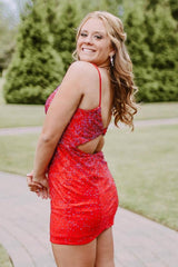 Dressystars Red Homecoming Dress Open Back Sequin Tight Prom Dress