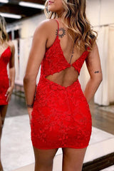 Dressystars Red Homecoming Dress Open Back Spaghetti Straps Appliques Tight Prom Dress