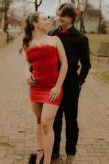 Dressystars Red Homecoming Dress Satin Tight Short Prom Dress with Feathers