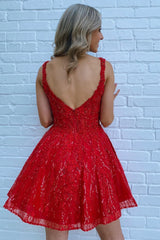 Dressystars Red Homecoming Dress Sequin A-Line Short Prom Dress with Pockets