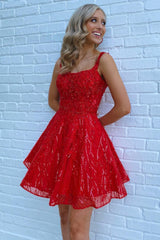Dressystars Red Homecoming Dress Sequin A-Line Short Prom Dress with Pockets