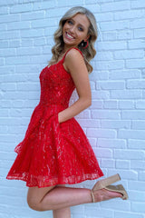 Dressystars Red Homecoming Dress Sequin A-Line Short Prom Dress with Pockets
