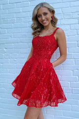 Dressystars Red Homecoming Dress Sequin A-Line Short Prom Dress with Pockets