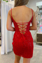 Dressystars Red Homecoming Dress Sequin Corset Tight Short Lace Prom Dress