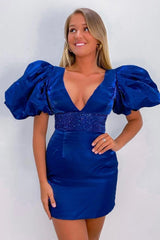 Dressystars Red Homecoming Dress Sequin Lace-Up Puff Sleeves Tight Short Prom Dress