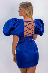 Dressystars Red Homecoming Dress Sequin Lace-Up Puff Sleeves Tight Short Prom Dress