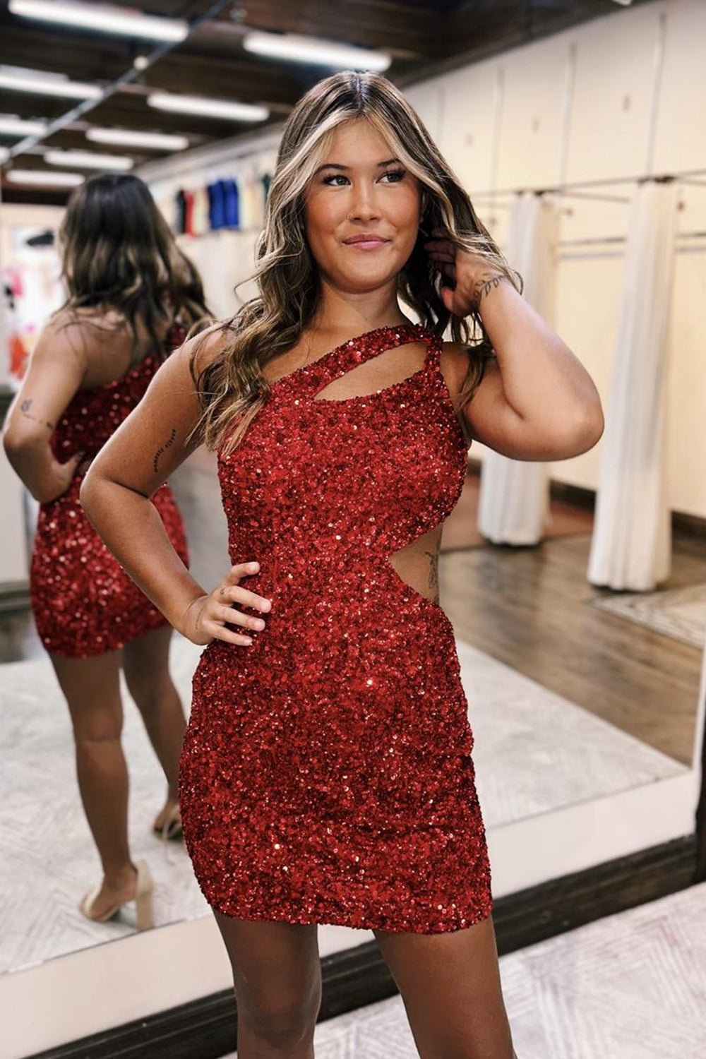 Dressystars Red Homecoming Dress Sequin One Shoulder Cut Out Tight Short Prom Dress