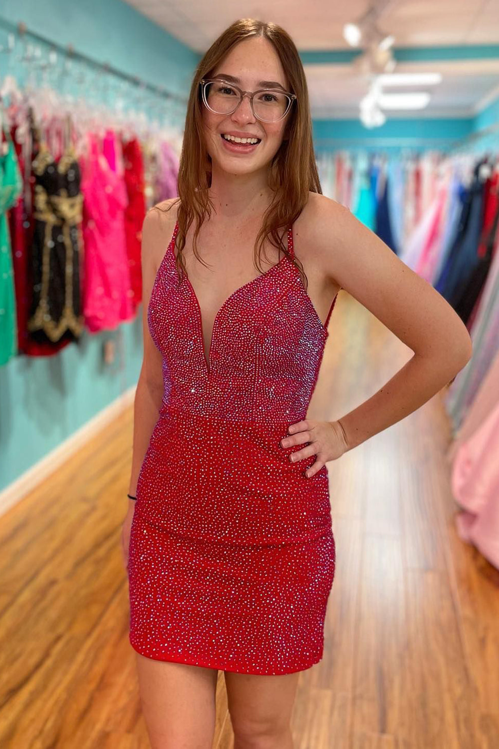 Dressystars Red Homecoming Dress Sequin Open Back Tight Short Hoco Dress