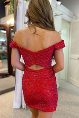 Dressystars Red Homecoming Dress Sequin Open Back Tight Short Prom Dress with Slit