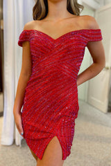 Dressystars Red Homecoming Dress Sequin Open Back Tight Short Prom Dress with Slit