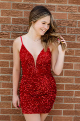 Dressystars Red Homecoming Dress Sequin Sleeveless Tight Short Prom Dress