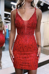 Dressystars Red Homecoming Dress Sequin Spaghetti Straps Tight Short Hoco Dress