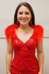 Dressystars Red Homecoming Dress Sequined Backless Tight Short Prom Dress with Feathers