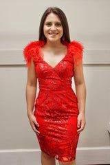 Dressystars Red Homecoming Dress Sequined Backless Tight Short Prom Dress with Feathers